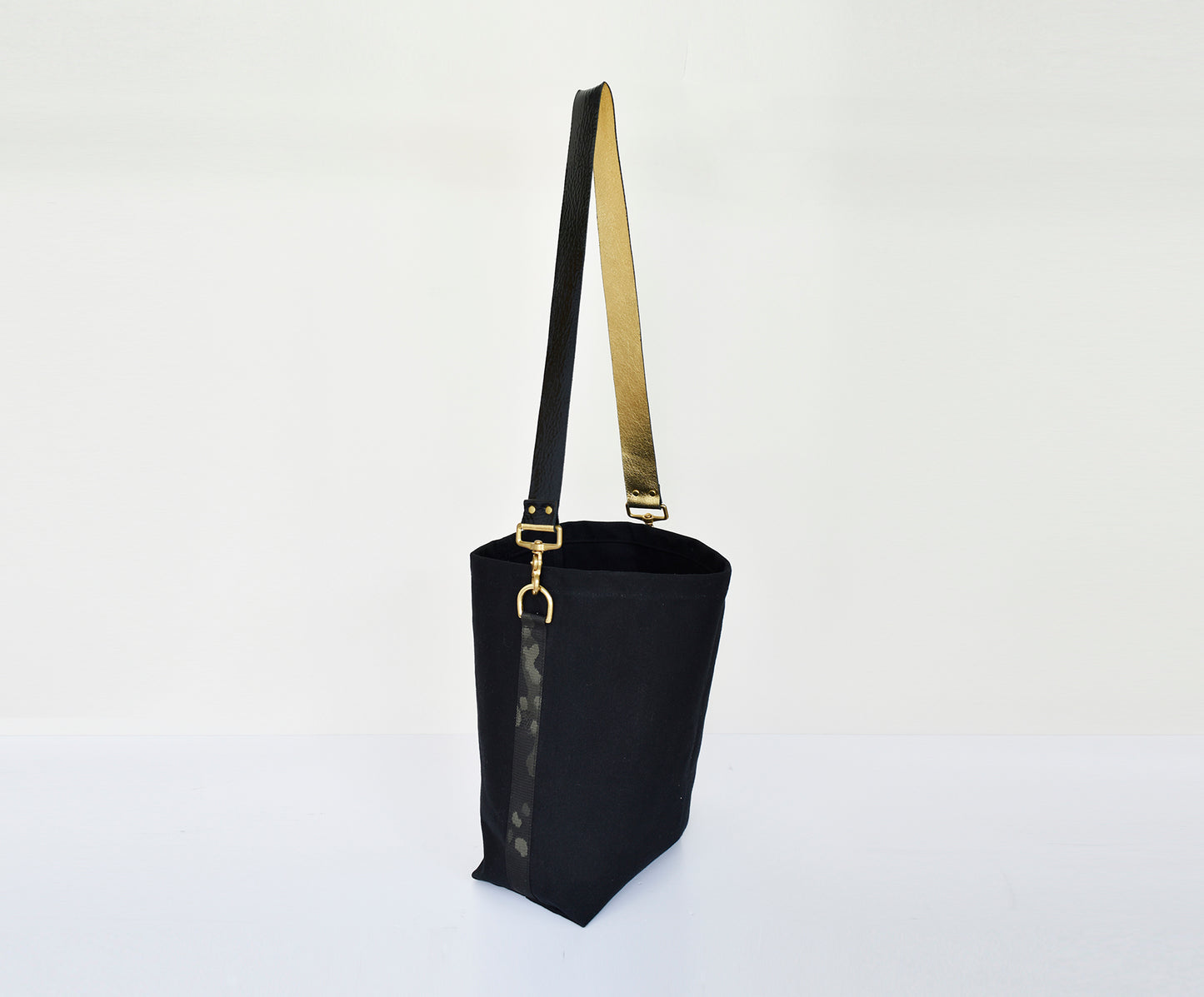 Black SMALL Tote Bag with Leather Strap - Black/Gold
