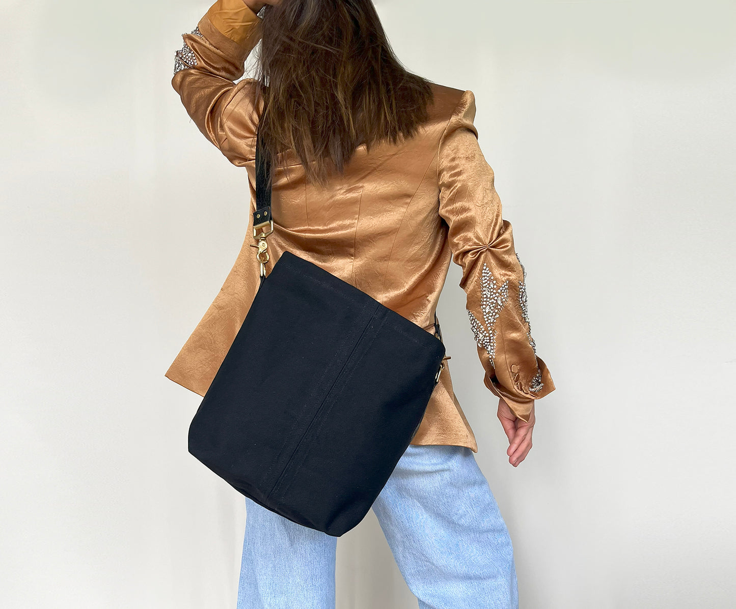 Black SMALL Tote Bag with Leather Strap - Tan
