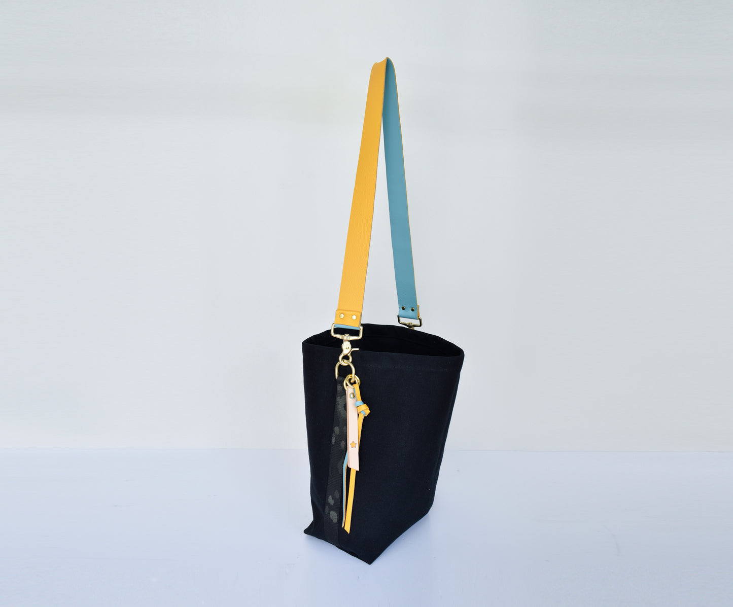 Tote Bag Black- Leather Strap Mustard/Turquoise