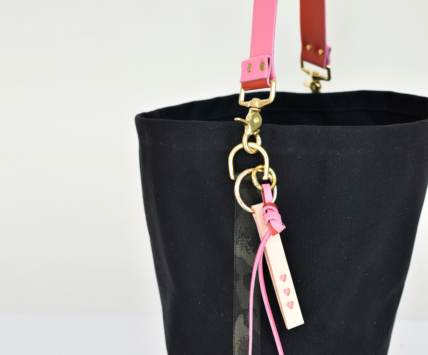 Black SMALL Tote Bag with Leather Strap - Pink/Red