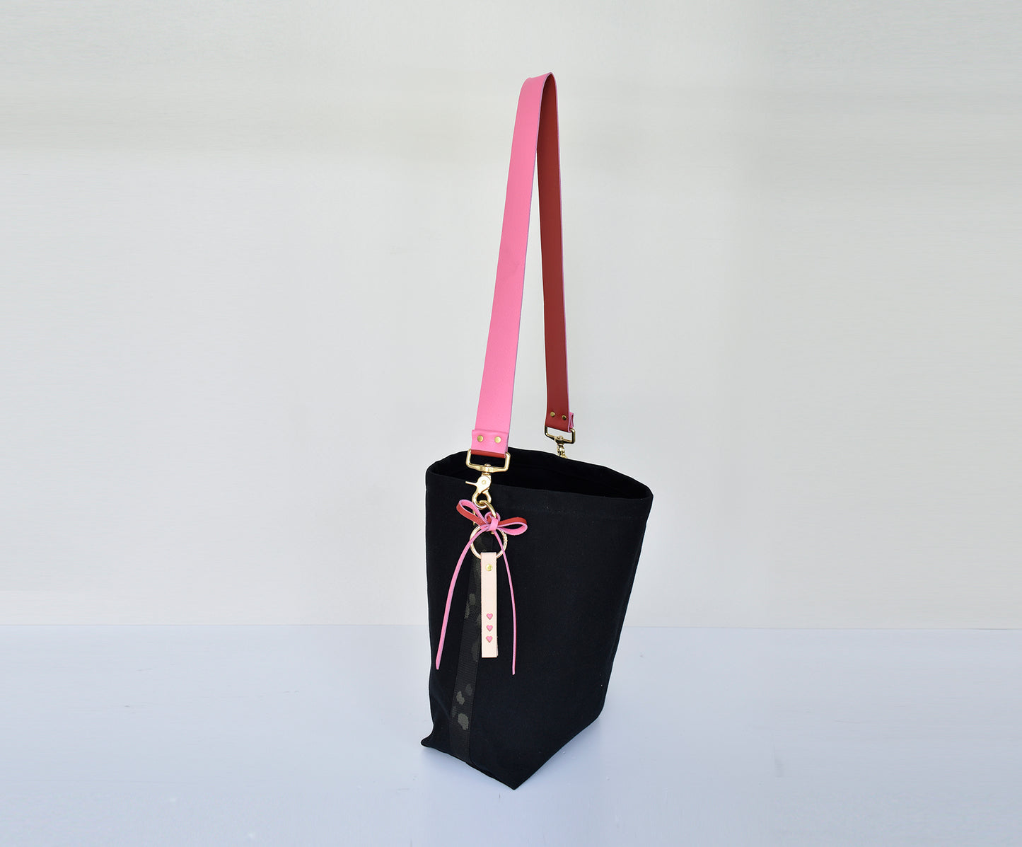 Black SMALL Tote Bag with Leather Strap - Pink/Red