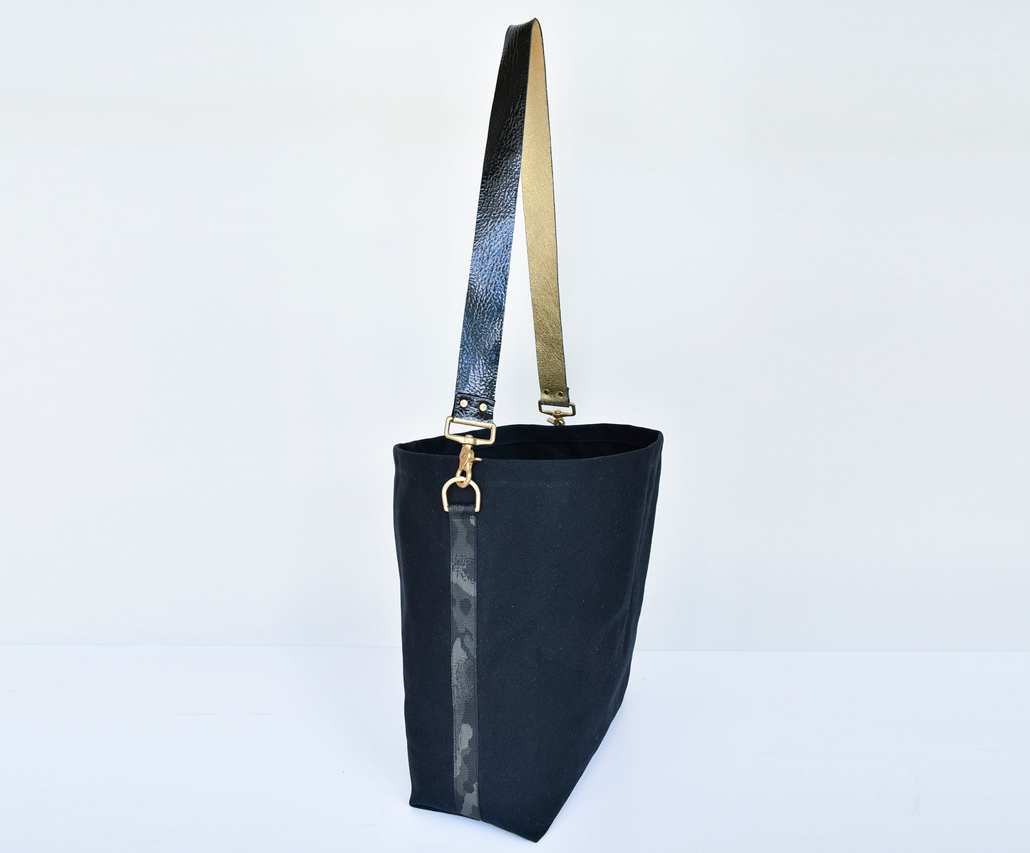 Black Tote Bag with Leather Strap - Black/Gold