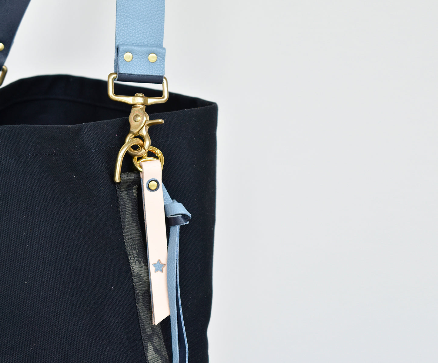 Black Tote Bag with Leather Strap - Denim/Navy