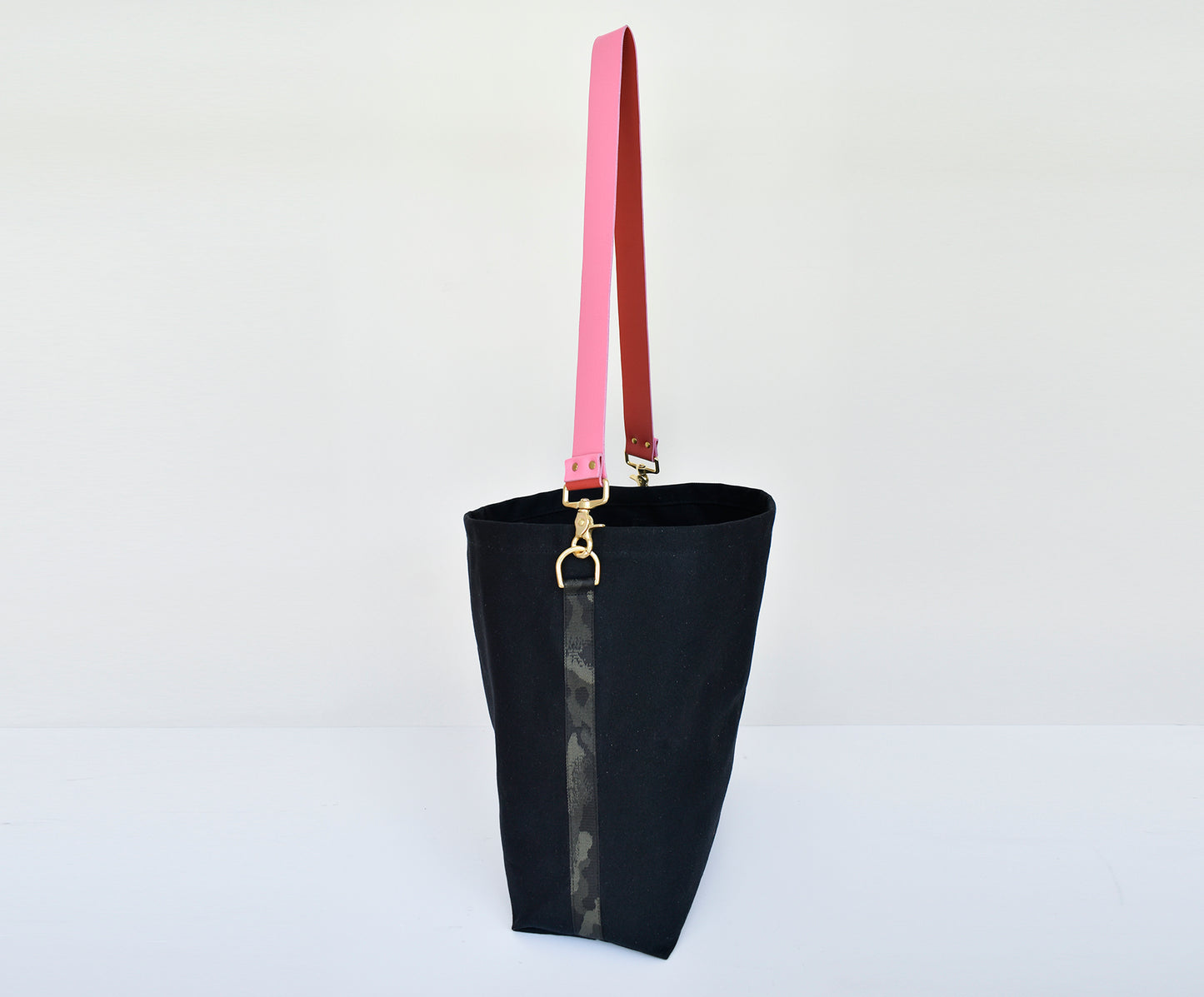 Black Tote Bag with Leather Strap - Pink/Red
