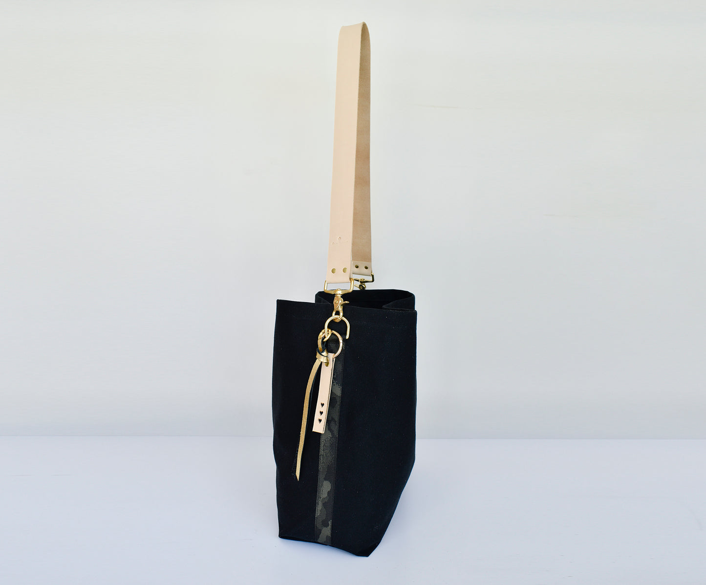 Black Tote Bag with Leather Strap - Tan
