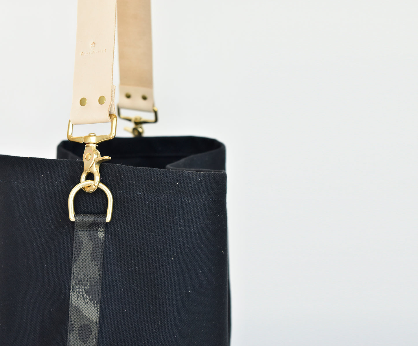 Black Tote Bag with Leather Strap - Tan