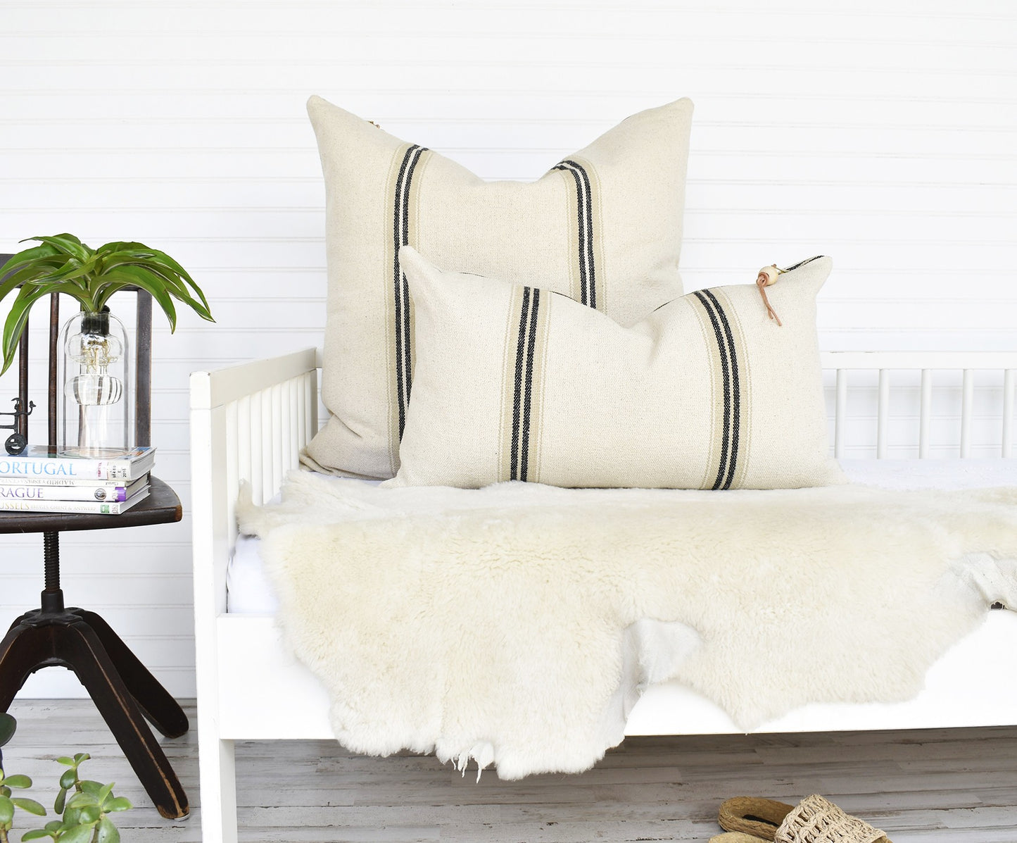 French Cotton Pillow with Black Stripes
