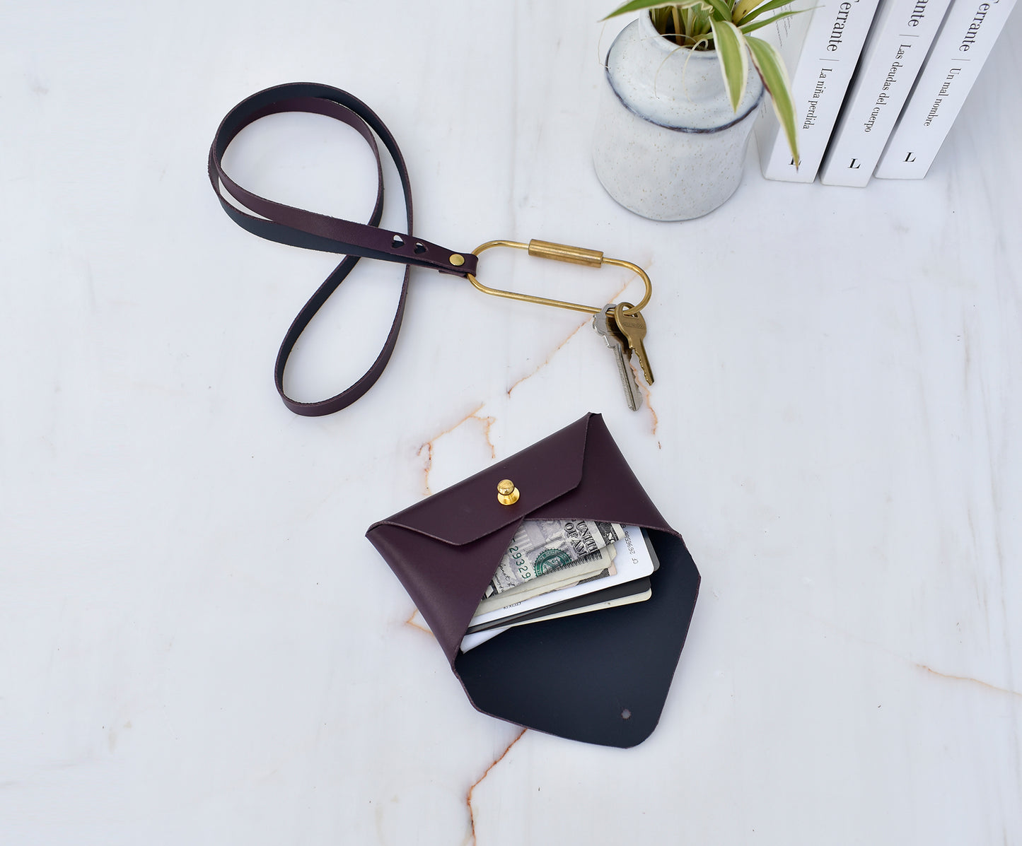 Leather Card Holder- Cherry & Navy Inside