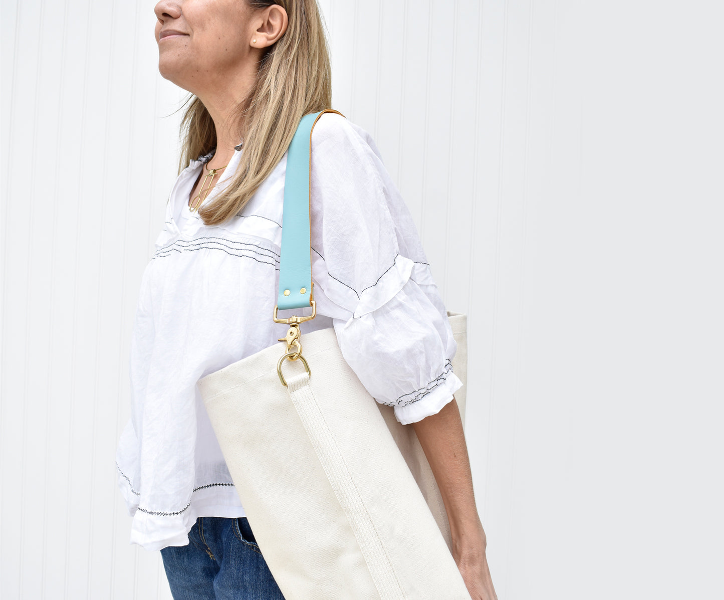 Tote Bag with Leather Strap- Mustard & Turquoise