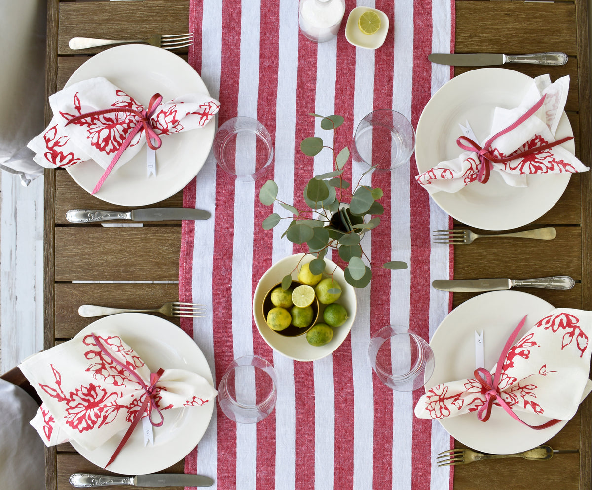 FINAL SALE- Handprinted Red & White Floral Napkin- Set of 2