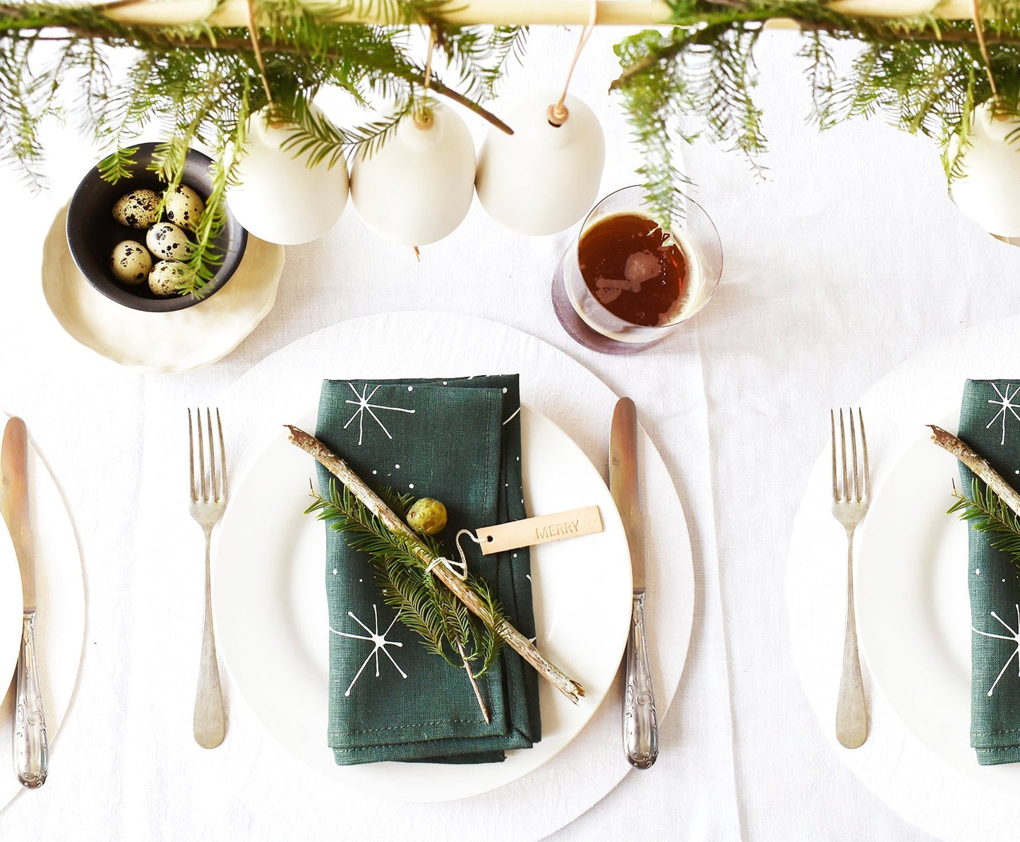 Snowflakes Linen Napkins - Deep green- Set of 2 - celina mancurti - napkins - -Hand Printed