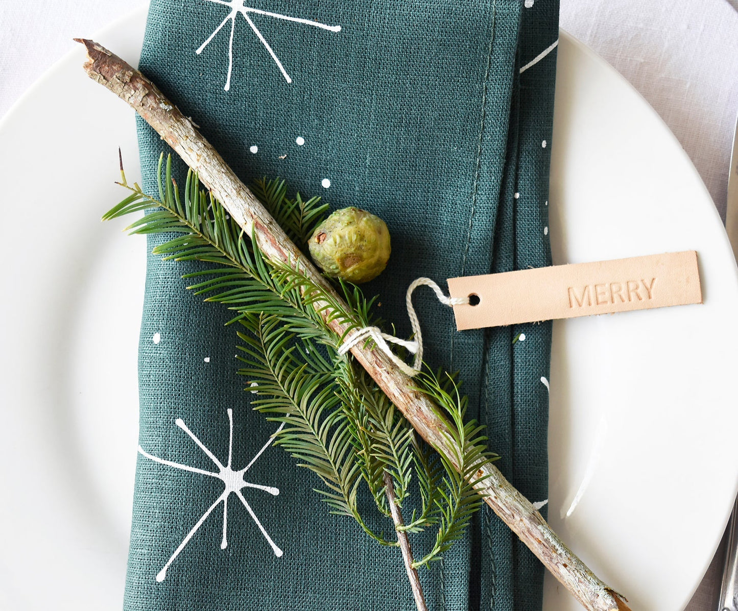 Snowflakes Linen Napkins - Deep green- Set of 2 - celina mancurti - napkins - -Hand Printed