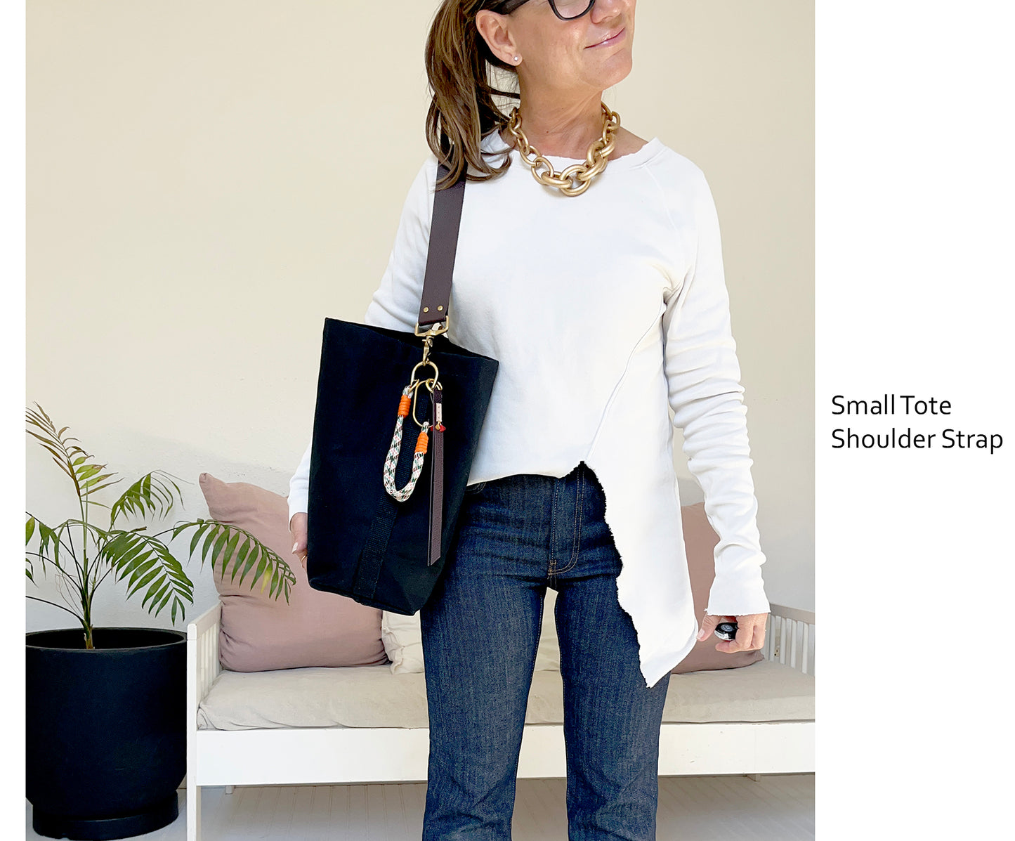 Tote Bag Black with Leather Strap Rose/Caramel