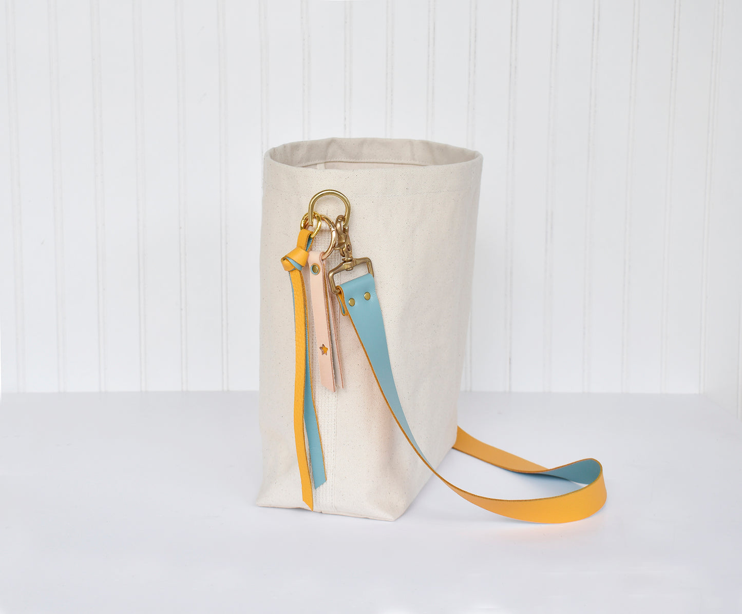 Tote Bag Ivory- Leather Strap Mustard/Turquoise