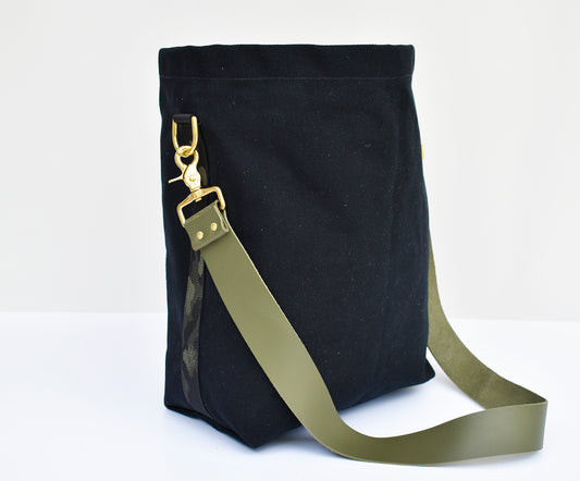 Tote Bag Black- Leather Strap Army
