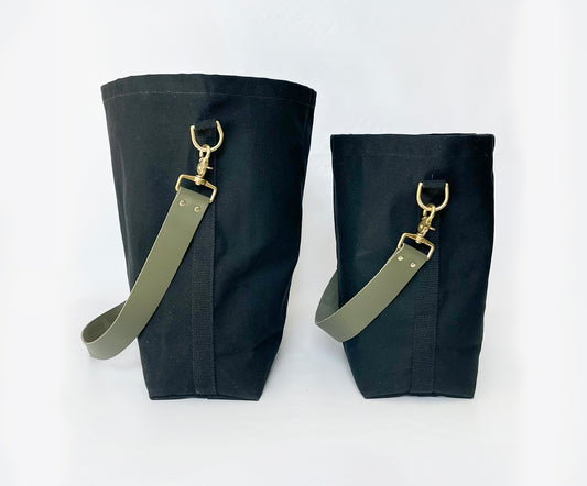 Tote Bag Black- Leather Strap Army