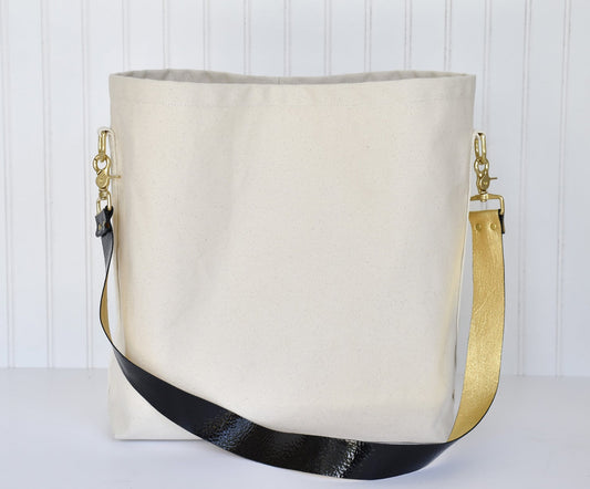 Tote Bag Ivory- Leather Strap Black/Gold