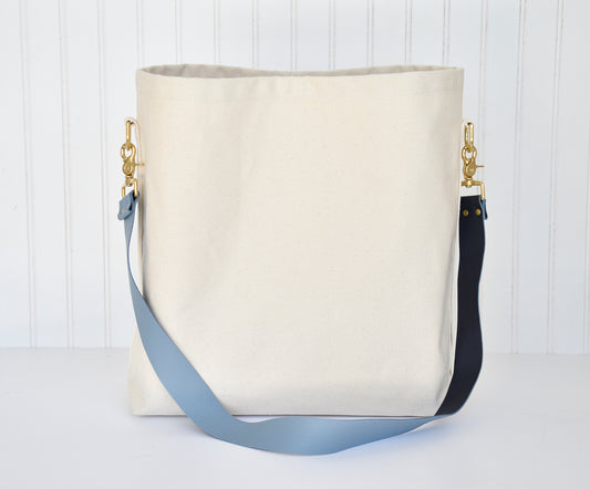 Tote Bag Ivory with Leather Strap Denim/Black