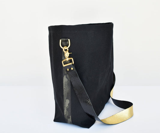 Black Tote Bag with Leather Strap - Black/Gold