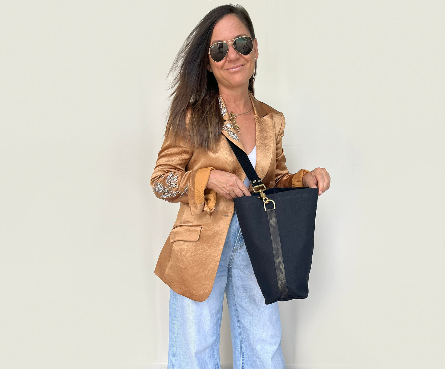 Black SMALL Tote Bag with Leather Strap - Tan