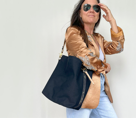 Black SMALL Tote Bag with Leather Strap - Black/Gold