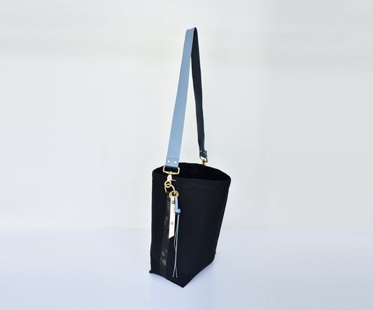Black SMALL Tote Bag with Leather Strap - Denim/Navy
