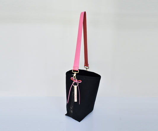 Black SMALL Tote Bag with Leather Strap - Pink/Red