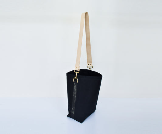 Black SMALL Tote Bag with Leather Strap - Tan