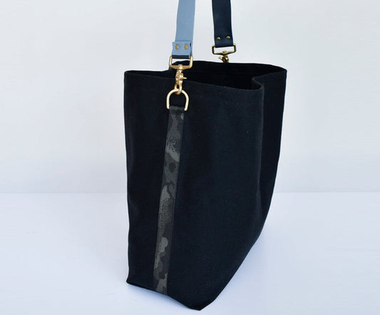 Black Tote Bag with Leather Strap - Denim & Navy