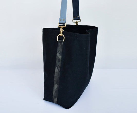 Black Tote Bag with Leather Strap - Denim/Navy