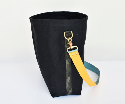 Black Tote Bag with Leather Strap - Mustard & Turquoise