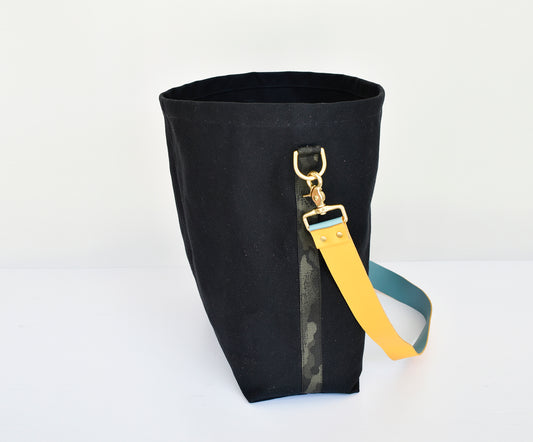 Black Tote Bag with Leather Strap - Mustard/Turquoise