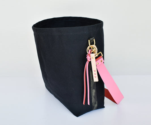 Black Tote Bag with Leather Strap - Pink/Red