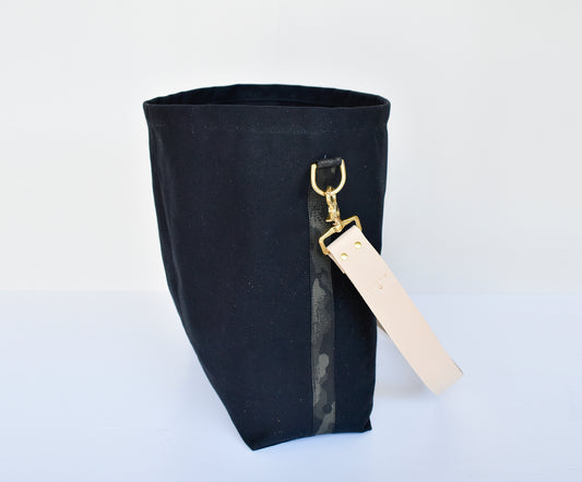 Black Tote Bag with Leather Strap - Tan