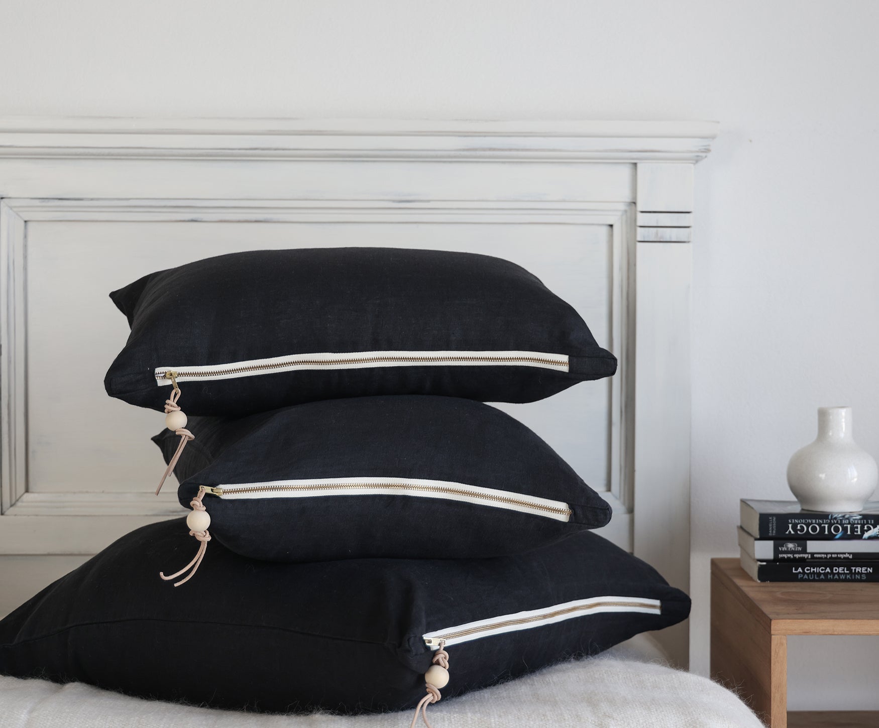 Black Linen Pillow – Brass Zipper and Leather Pull – Handmade in