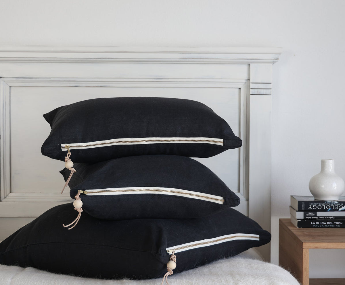 Black Linen Pillow – Brass Zipper and Leather Pull – Handmade in USA – celina mancurti
