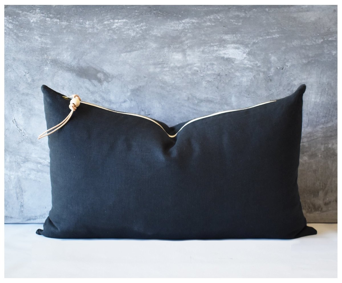 Black Linen Pillow – Brass Zipper and Leather Pull – Handmade in
