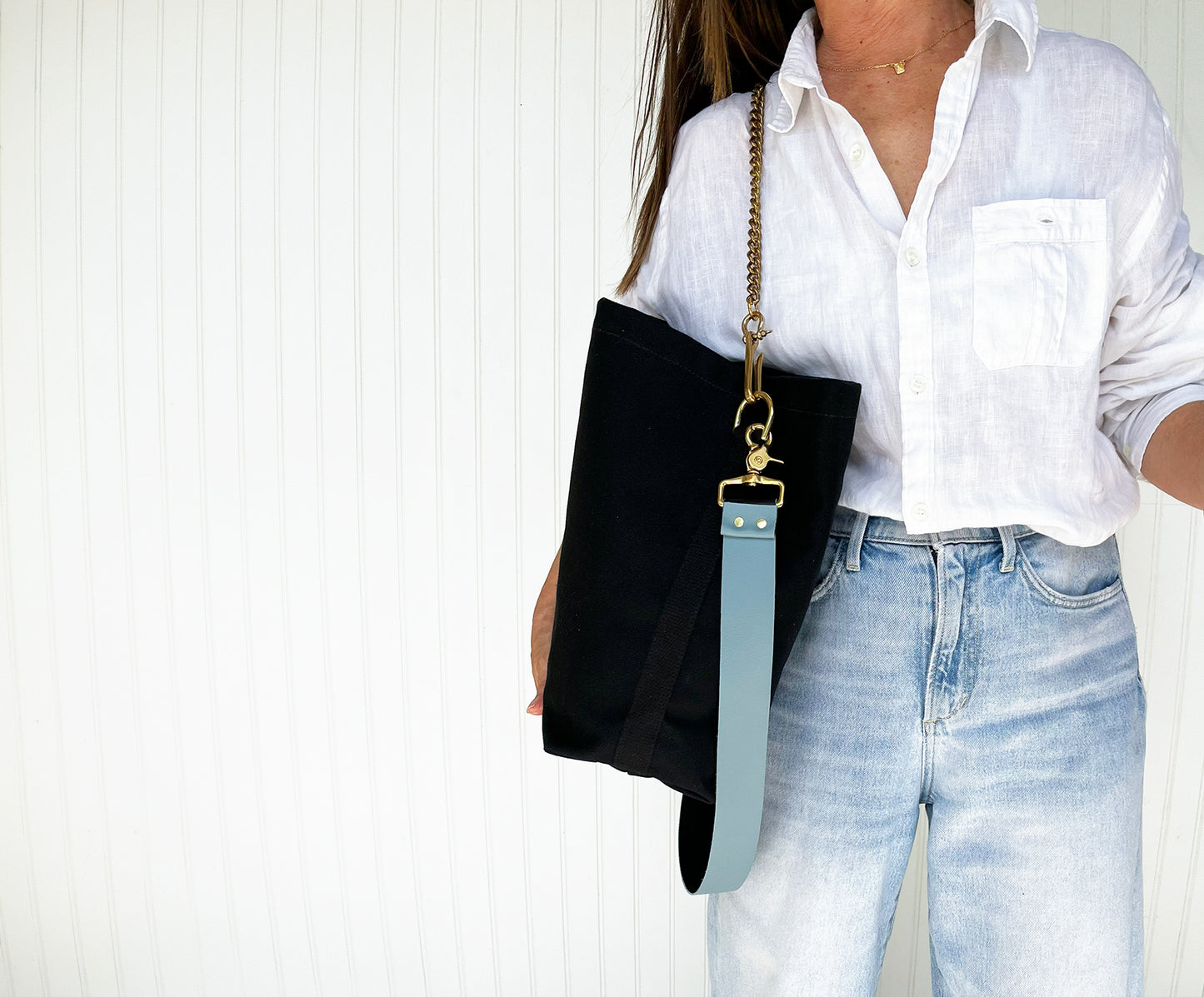 Tote Bag Black- Leather Strap Denim/Black