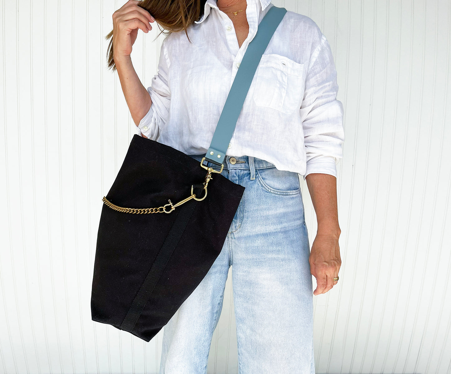 Tote Bag Black- Leather Strap Denim/Black