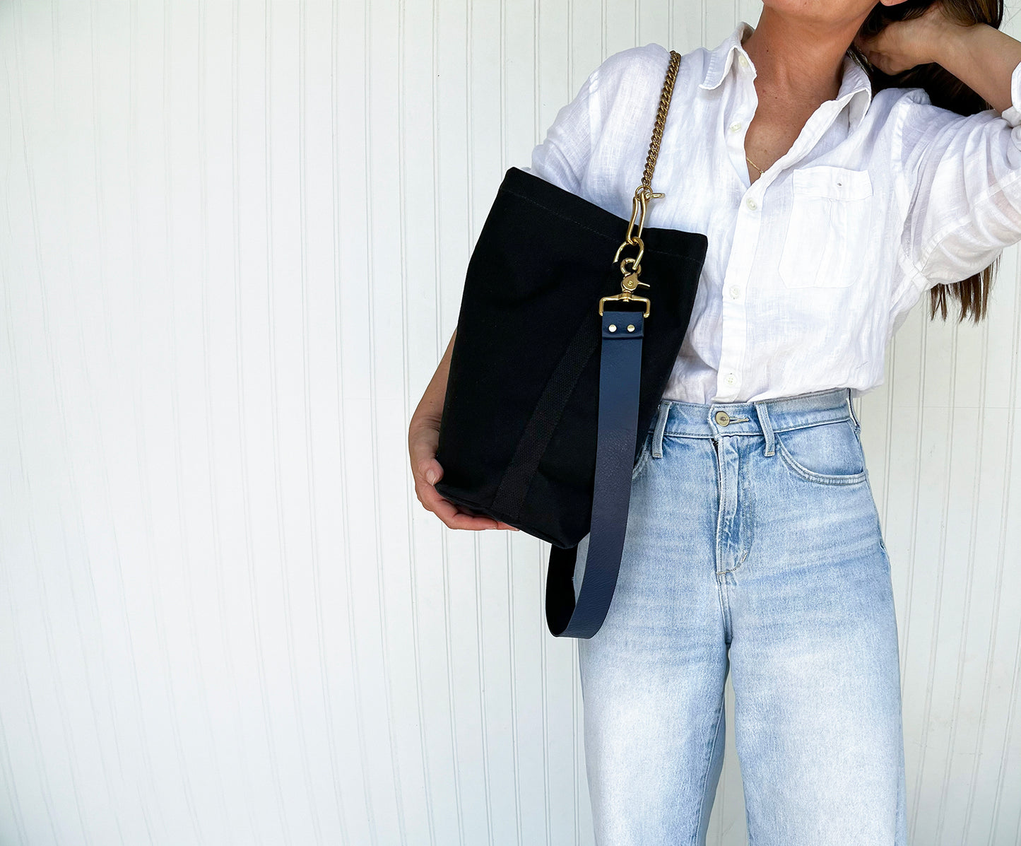 Tote Bag Black- Leather Strap Navy/Black