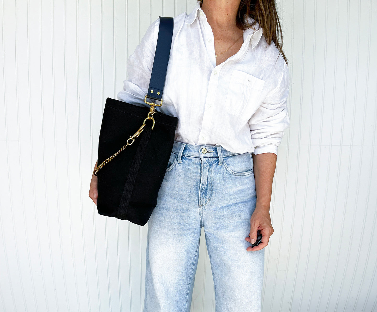Tote Bag Black- Leather Strap Navy/Black