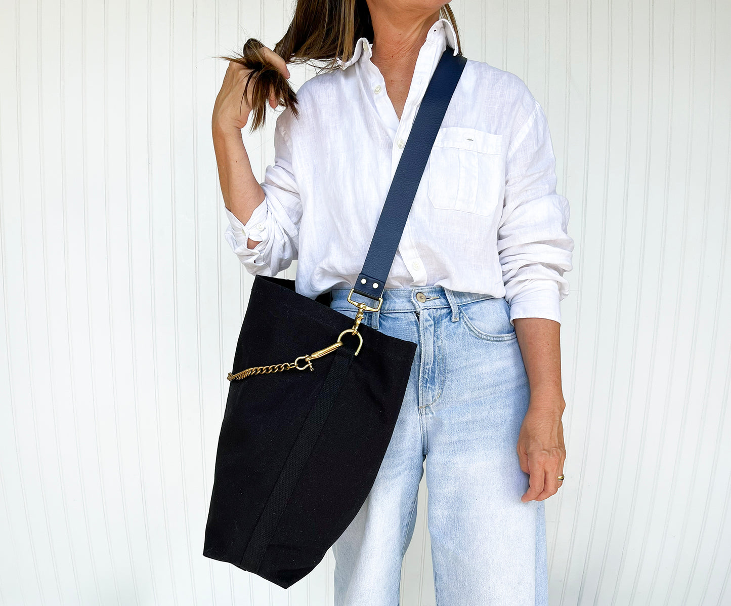 Tote Bag Black- Leather Strap Navy/Black