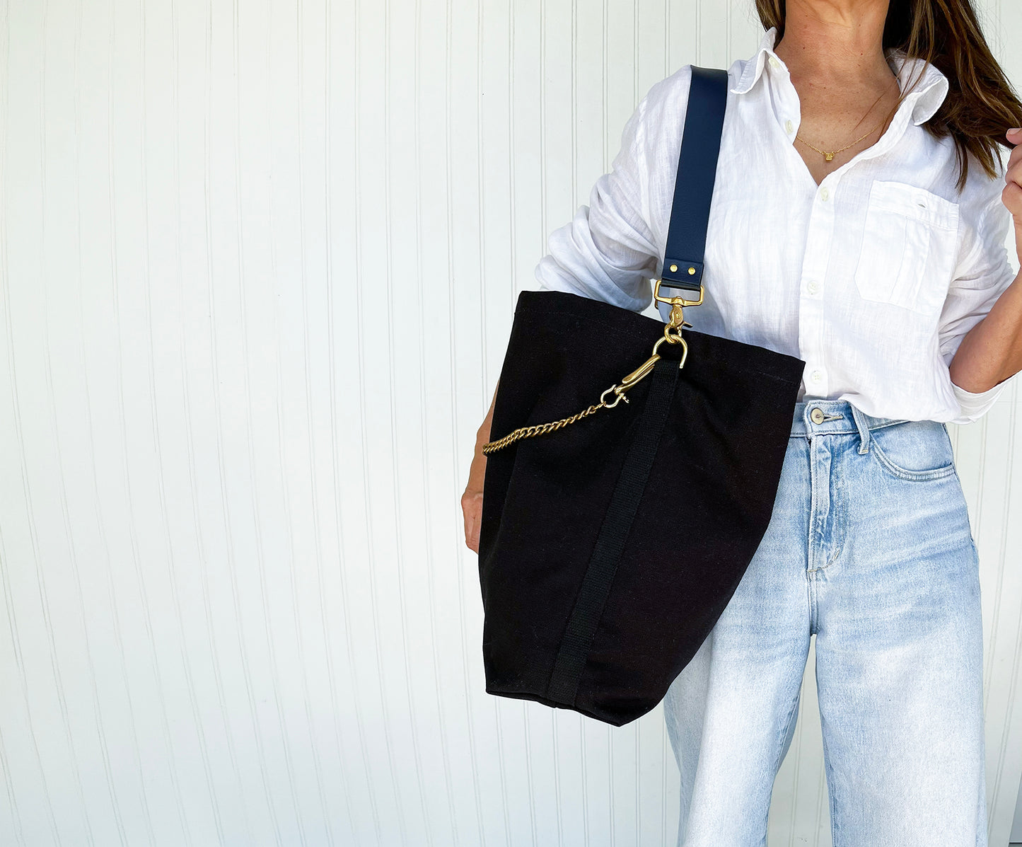Tote Bag Black- Leather Strap Navy/Black
