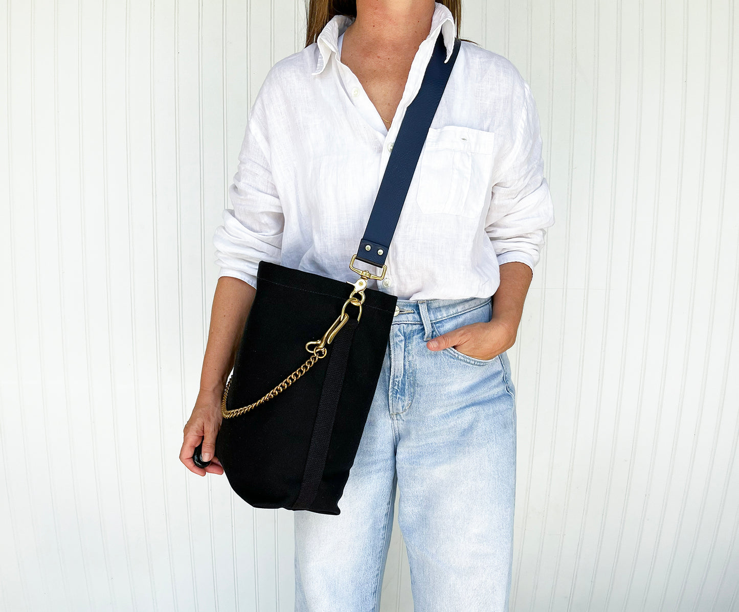 Tote Bag Black- Leather Strap Navy/Black