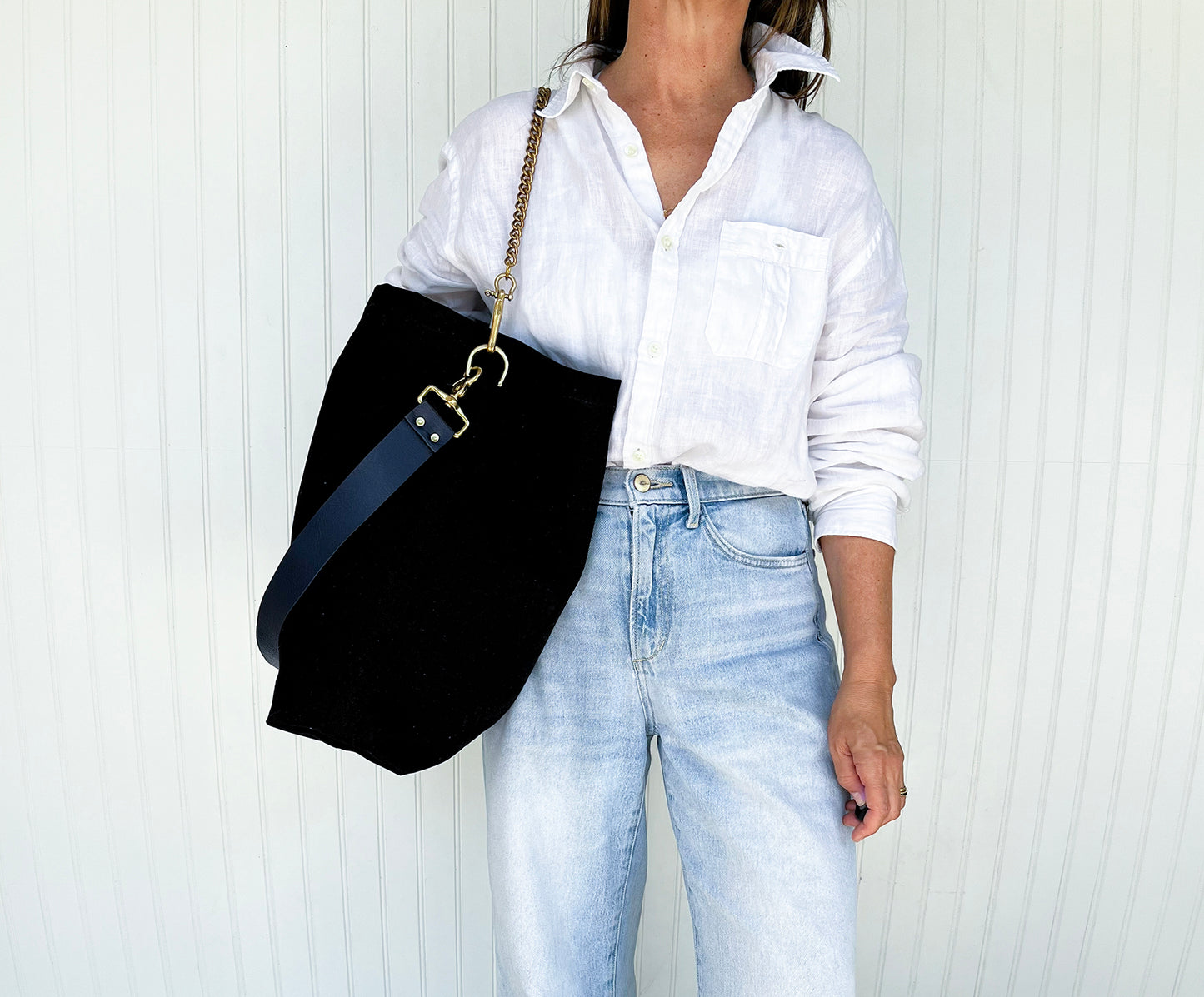 Tote Bag Black- Leather Strap Navy/Black