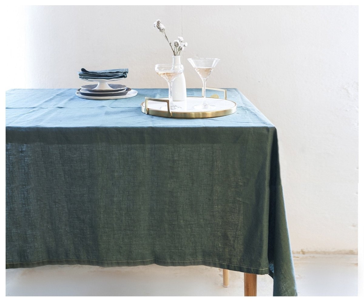 Bohemian Tablecloth- Deep Green Linen - celina mancurti - tablecloth - 55 x55 inches - -many sizes