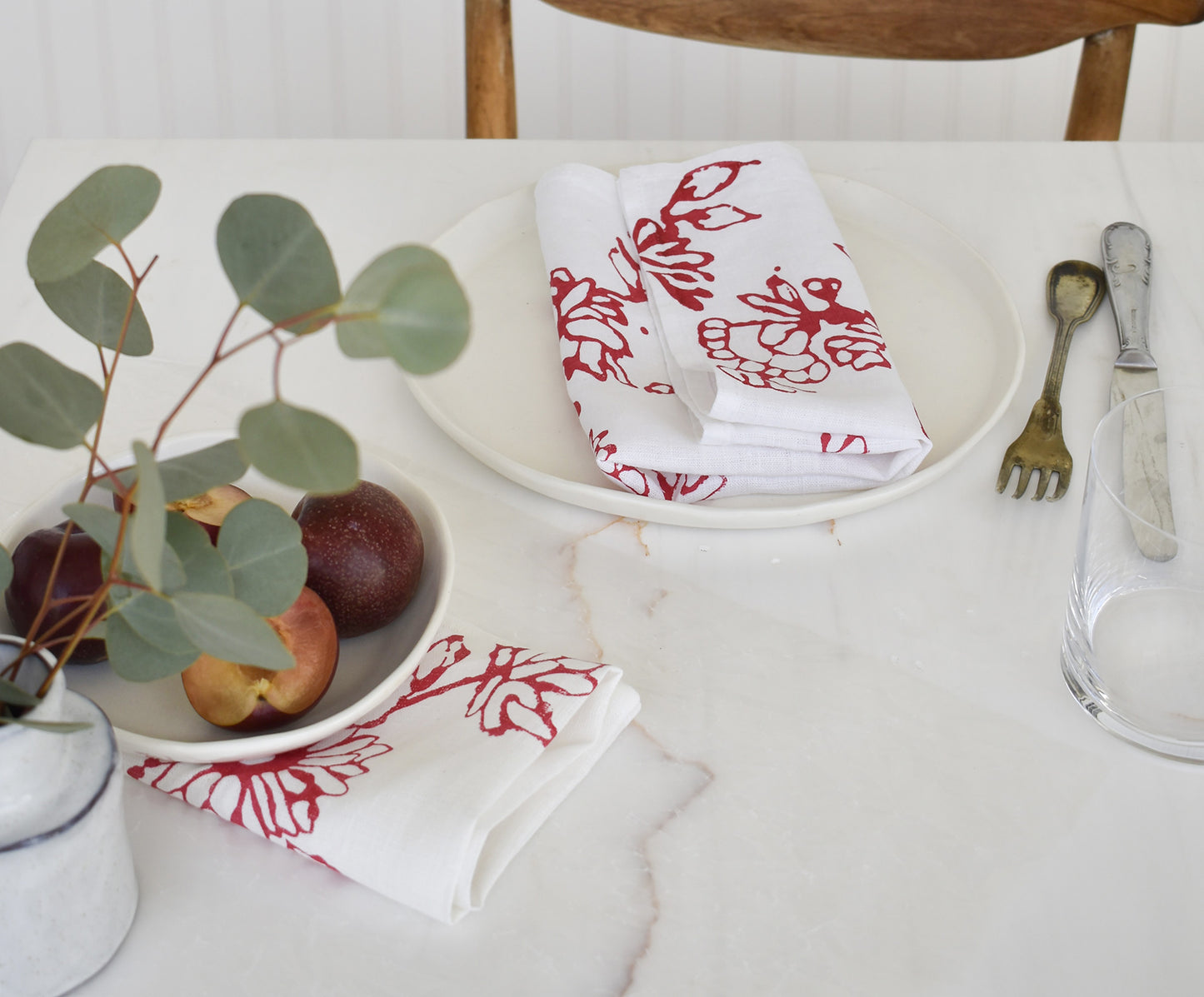FINAL SALE- Handprinted Red & White Floral Napkin- Set of 2