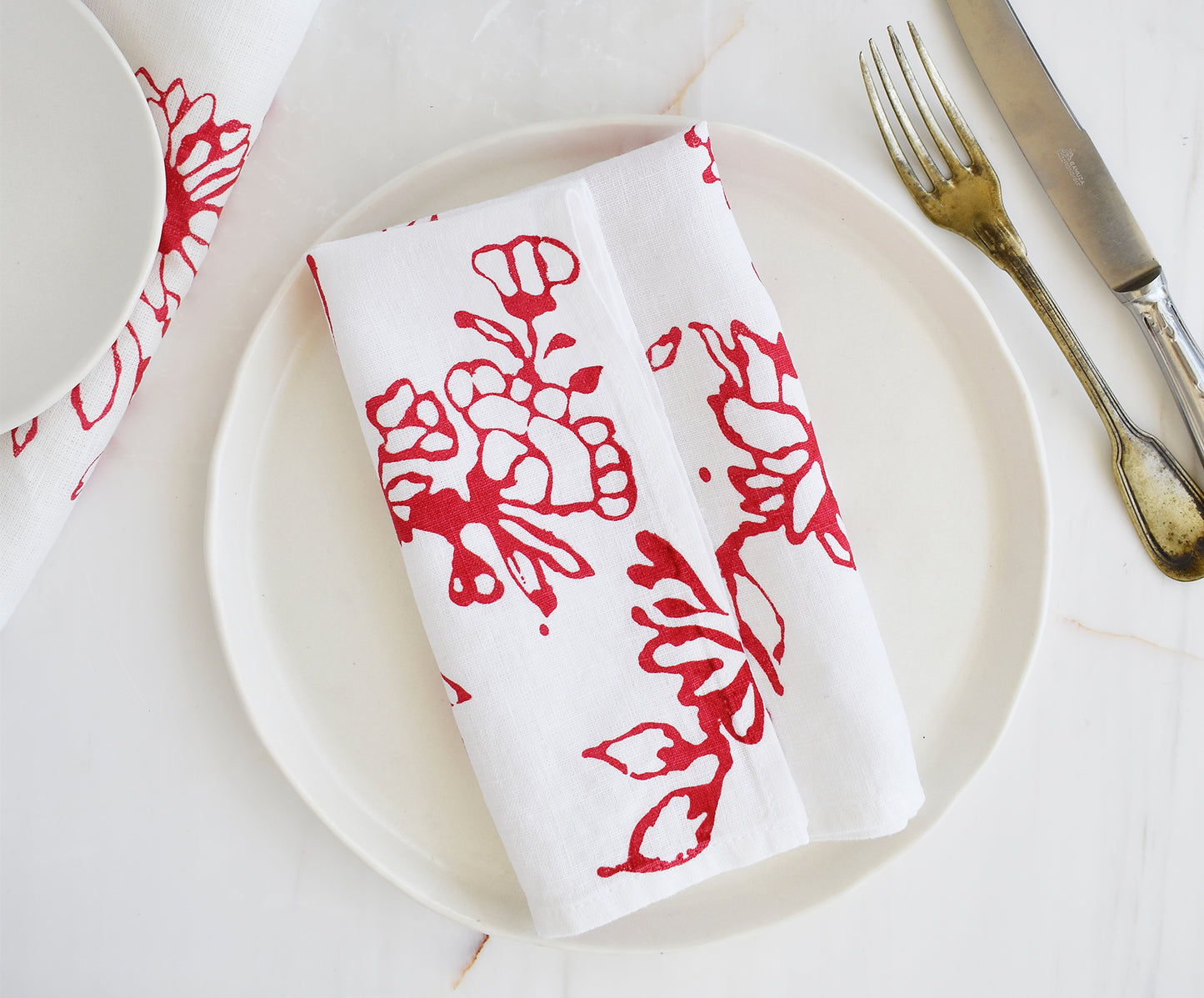 FINAL SALE- Handprinted Red & White Floral Napkin- Set of 2