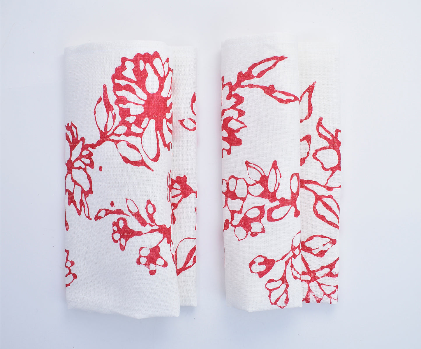 FINAL SALE- Handprinted Red & White Floral Napkin- Set of 2