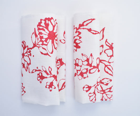 FINAL SALE- Handprinted Red & White Floral Napkin- Set of 2